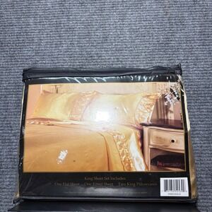 Victoria Classics Gold Satin Embroidery Sheet Set King 4 Piece Luxury Bedding